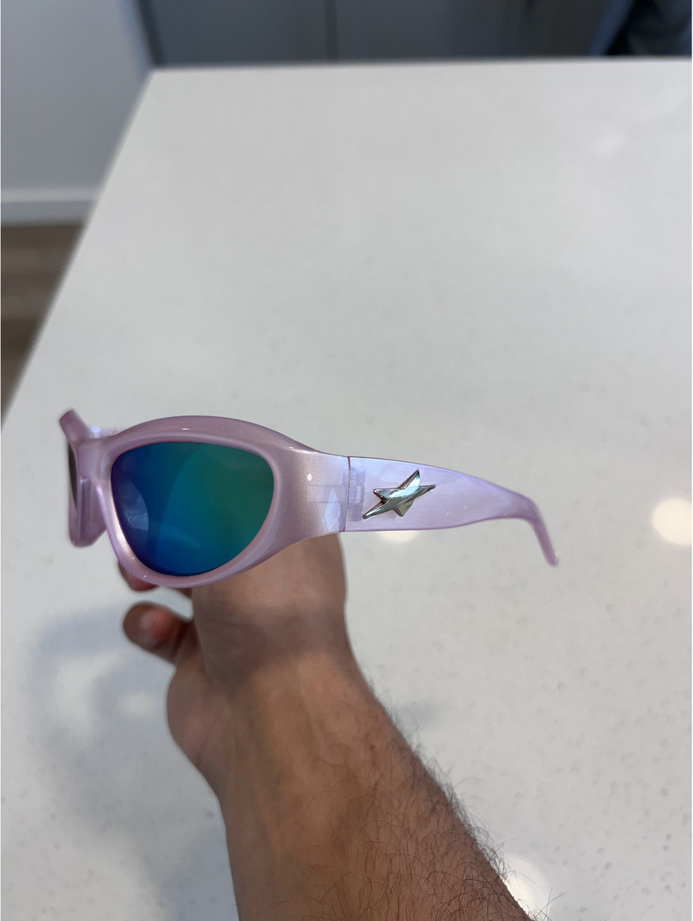 Retro Pink Oval Sunglasses with Star Detail and Green lens